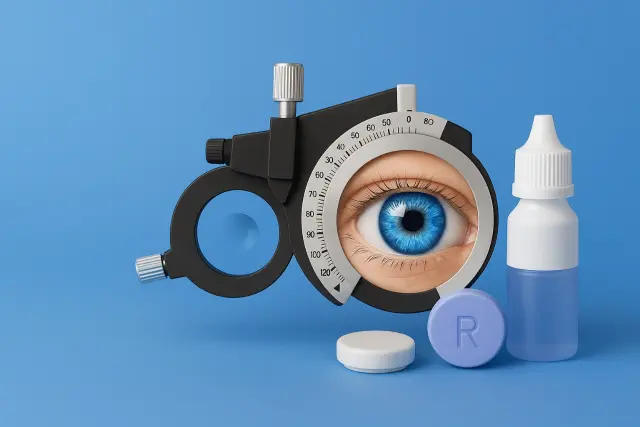 Illustration of cataract surgery with tools and eye model